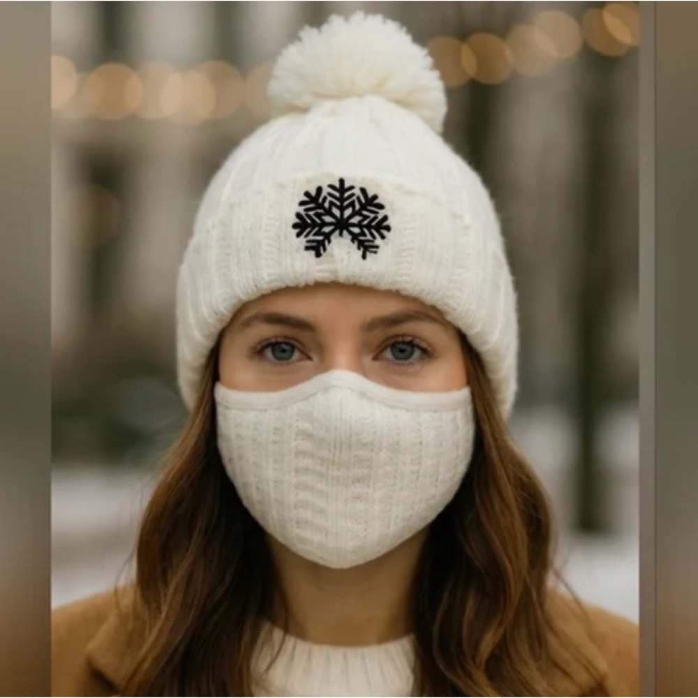 The Winter Brand Cream Knit Beanie & Mouth Cover with Snowflake Design